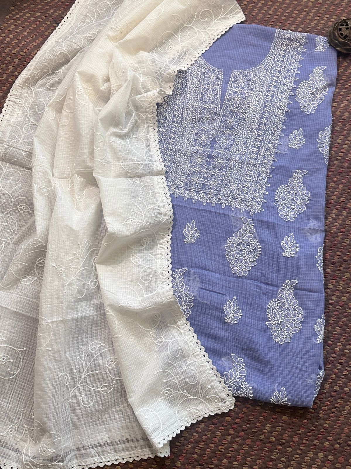 Chikankari Hand Embroidered Fabric with Kota Embroidered Dupatta