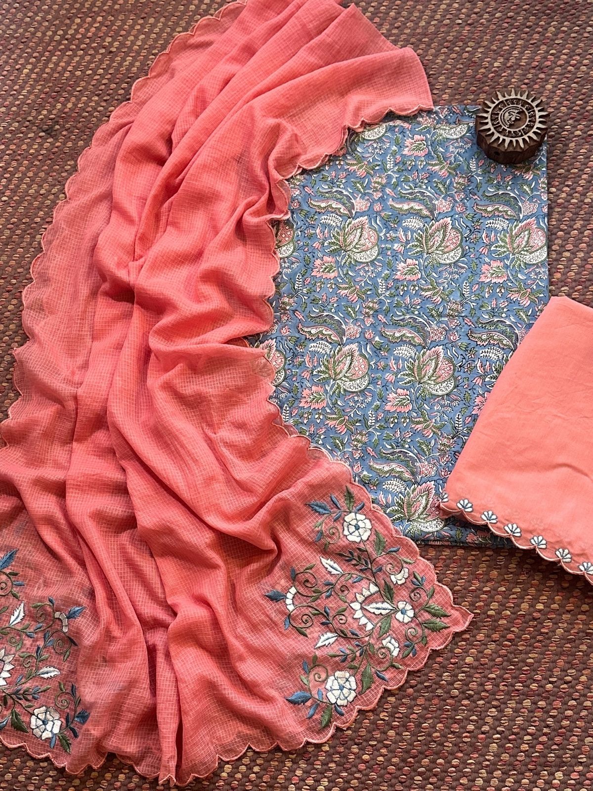 Pure Cotton Hand-block Fabric with Embroidered Bottom & Kota Doria Dupatta