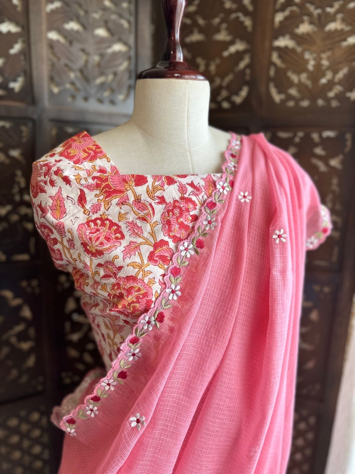 Kota Doria Embroidered Saree with Hand Block Blouse fabric