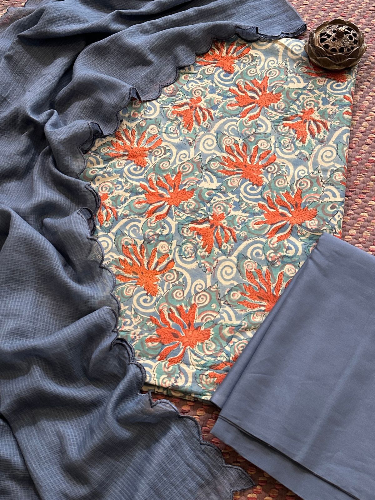 Pure Cotton Malmal handblocked Fabric Set with Kota Dupatta