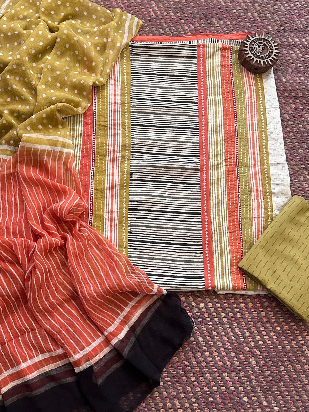 Pure Cotton Patch work Unstitched Set with pure chiffon Dupatta