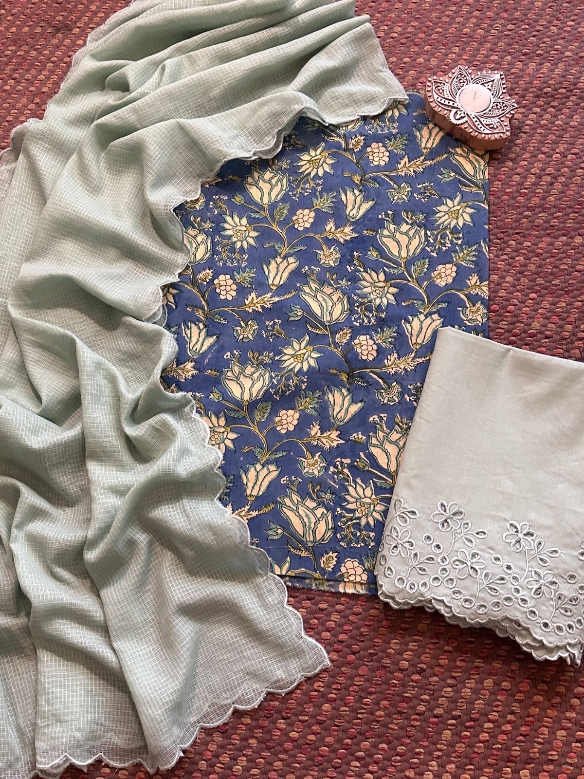 Pure Cotton Hand-blocked Fabric with Cutwork Bottom & Kota Doria Dupatta