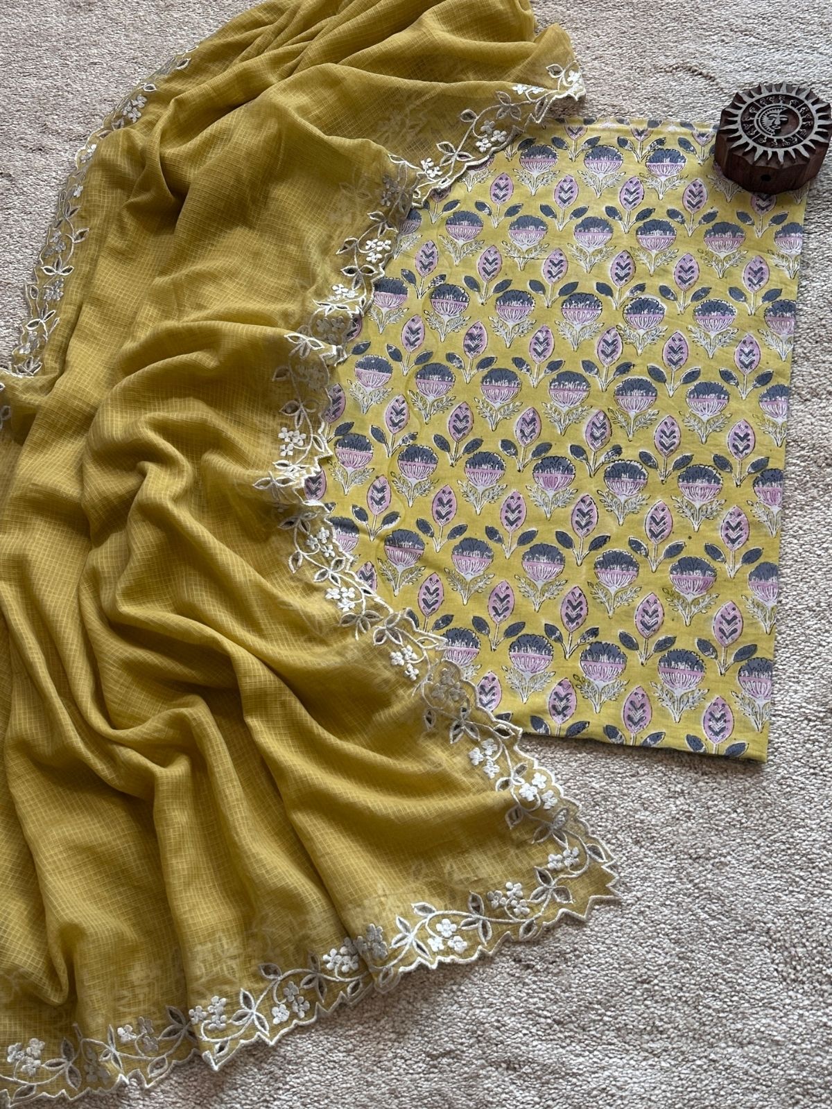 Ketaki Set- Sanganeri Block Print Fabric with Cutwork Embroidered Dupatta