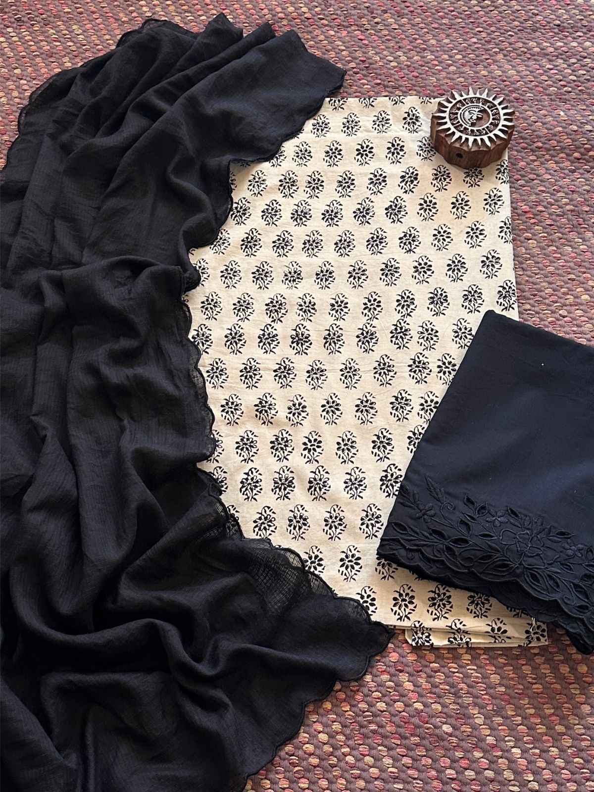 Pure Cotton Hand-blocked Fabric with Cutwork Bottom & Kota Doria Dupatta