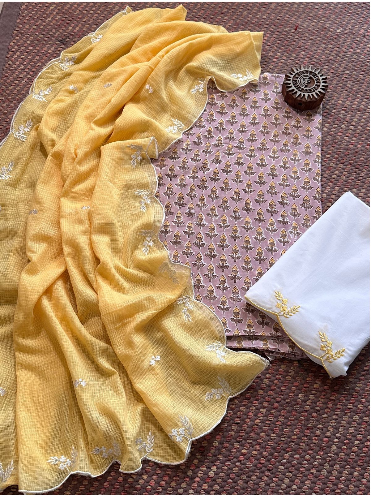 Pure Cotton Hand-block Fabric with Embroidered Bottom & Kota Doria Dupatta