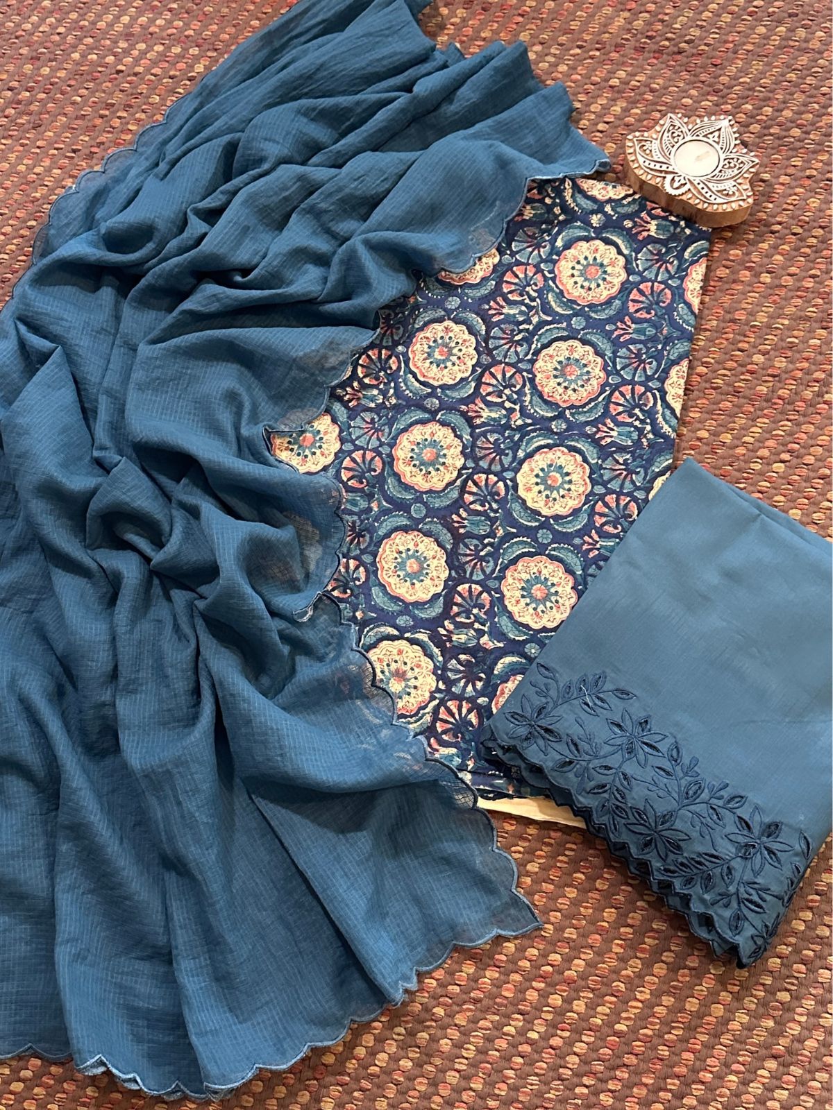 Pure Cotton Hand-blocked Fabric with Cutwork Bottom & Kota Doria Dupatta