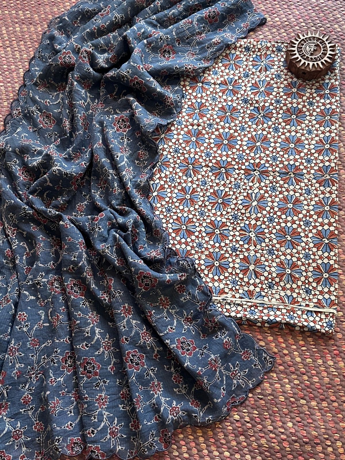 Ajrakh Cotton Malmal Handblocked Set- Top & Dupatta