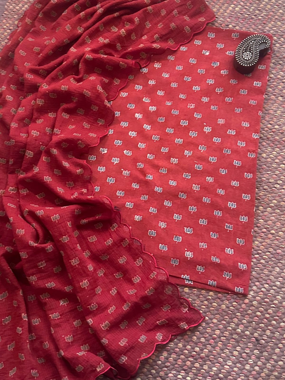 Ajrakh Cotton Malmal Handblocked Set- Top & Dupatta