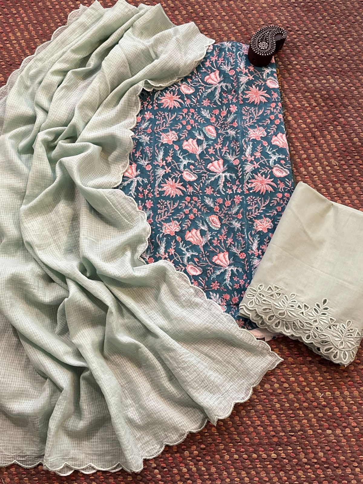 Pure Cotton Hand-blocked Fabric with Cutwork Bottom & Kota Doria Dupatta