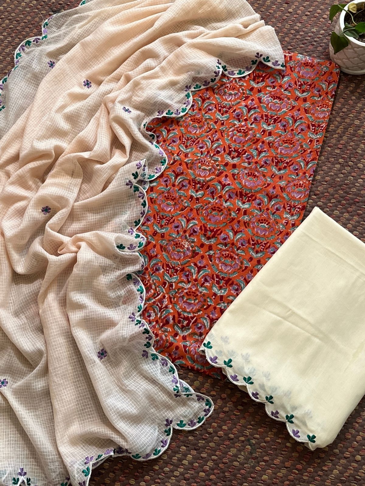 Pure Cotton Malmal Hand blocked Set with Embroidered Dupatta