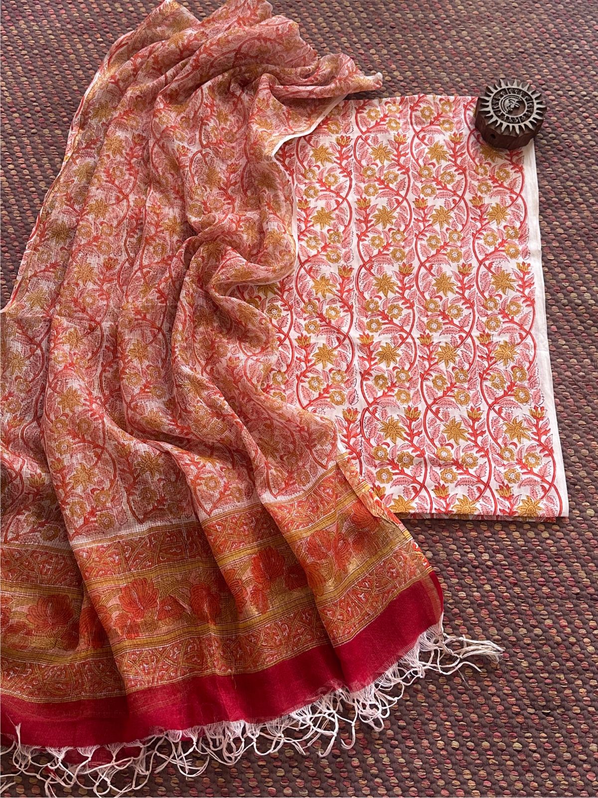 Pure cotton hand-blocked fabric with kota doria embroidered dupatta