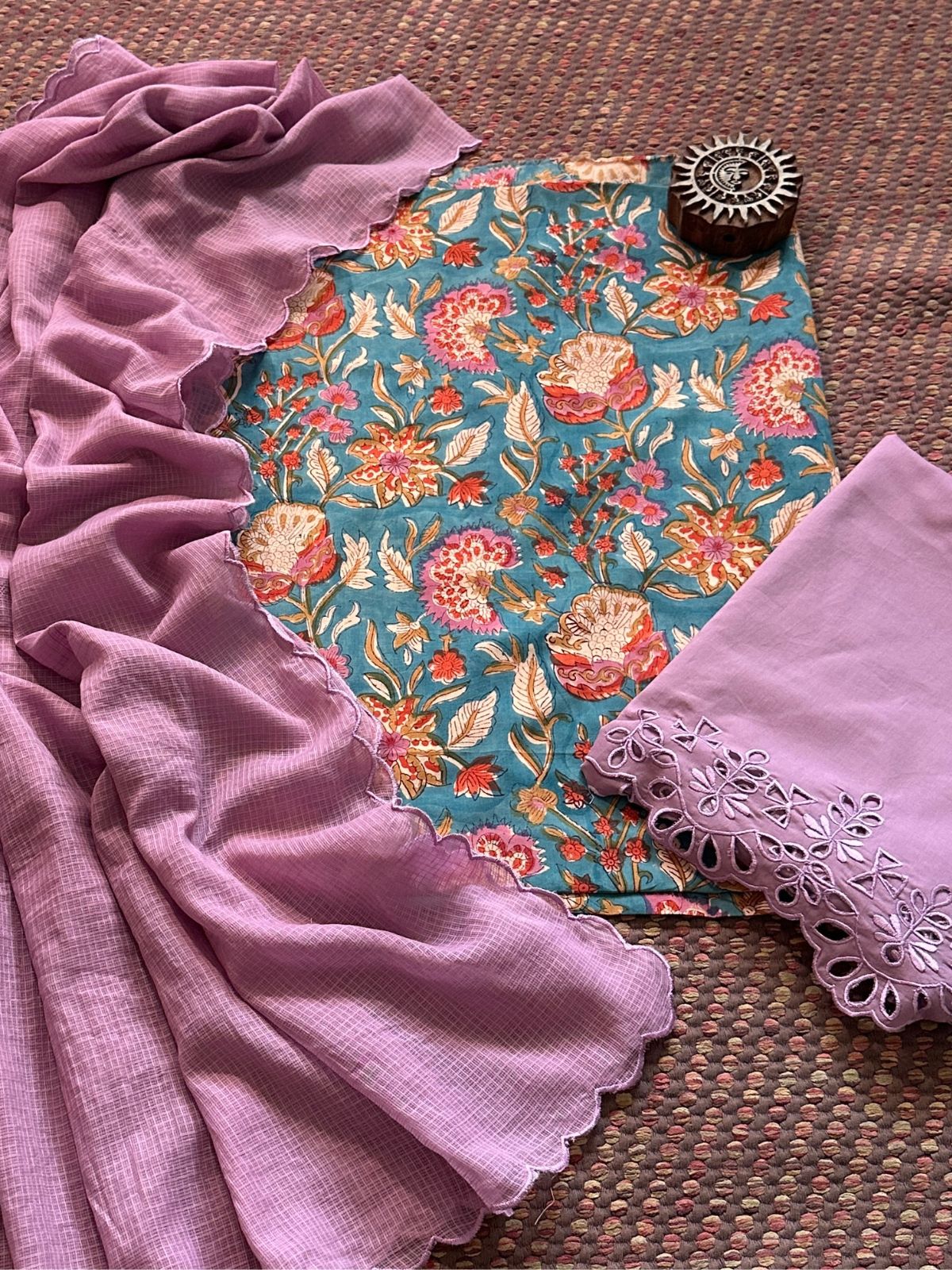 Pure Cotton Hand-blocked Fabric with Cutwork Bottom & Kota Doria Dupatta