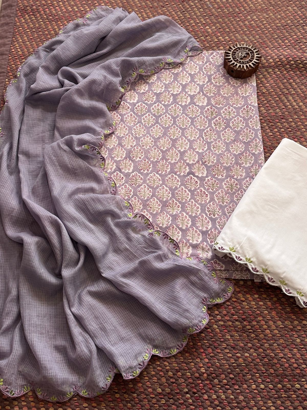 Pure Cotton Hand-block Fabric with Exclusive Embroidered Bottom & Kota Doria Dupatta