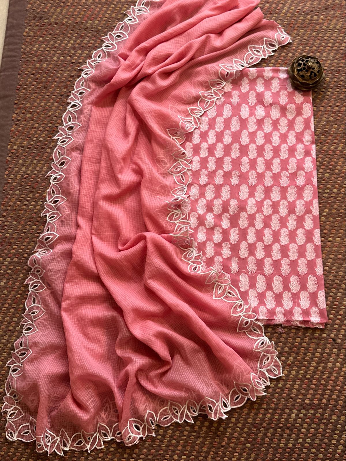 Pure Cotton Handblock Fabric with Cutwork Embroidered Dupatta