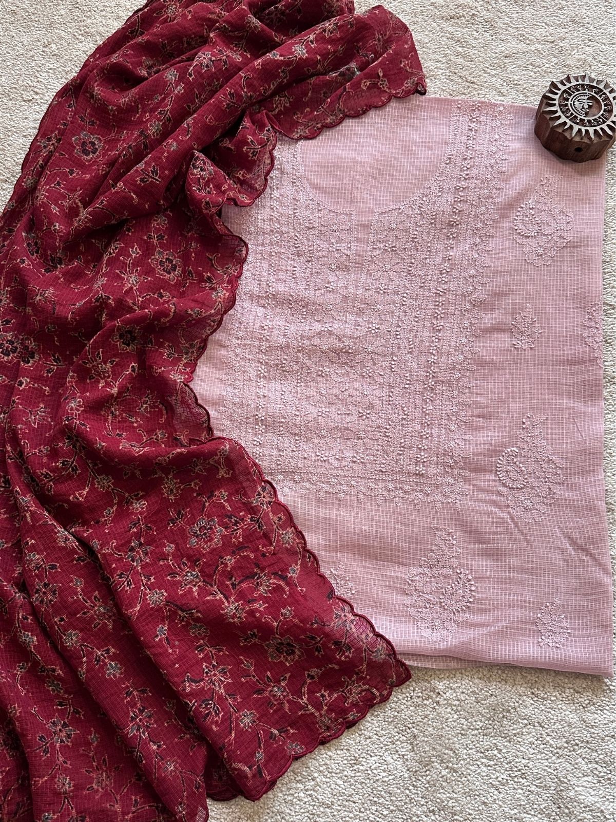 Chikankari Hand Embroidered Fabric with Ajrak Hadblocked Kota Dupatta