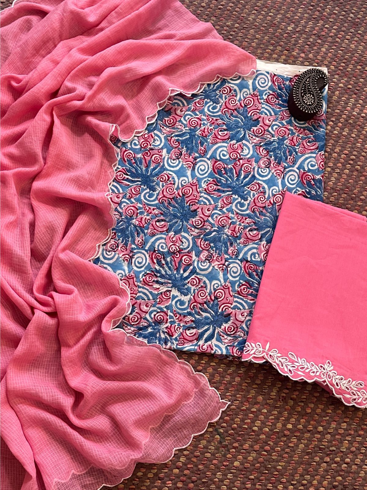 Pure Cotton Hand-blocked Fabric with Cutwork Bottom & Kota Doria Dupatta