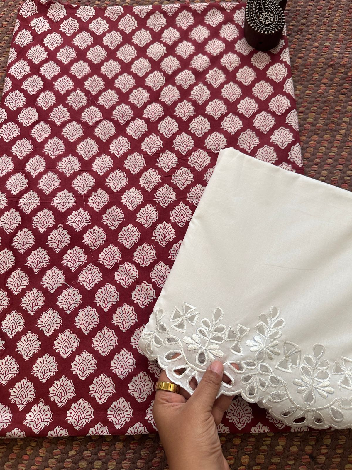 Pure Cotton fabric with Cutwork Bottom Unstitched Set