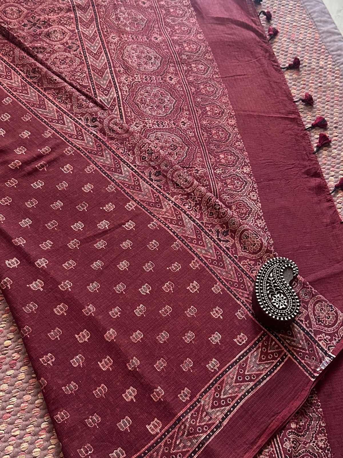Ajrak Handblocked Kota Doria Embroidered Saree with Blouse Fabric