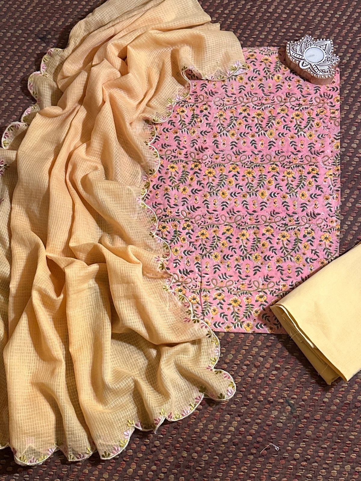 Pure Cotton malmal Hand-block Fabric with Embroidered Kota Doria Dupatta