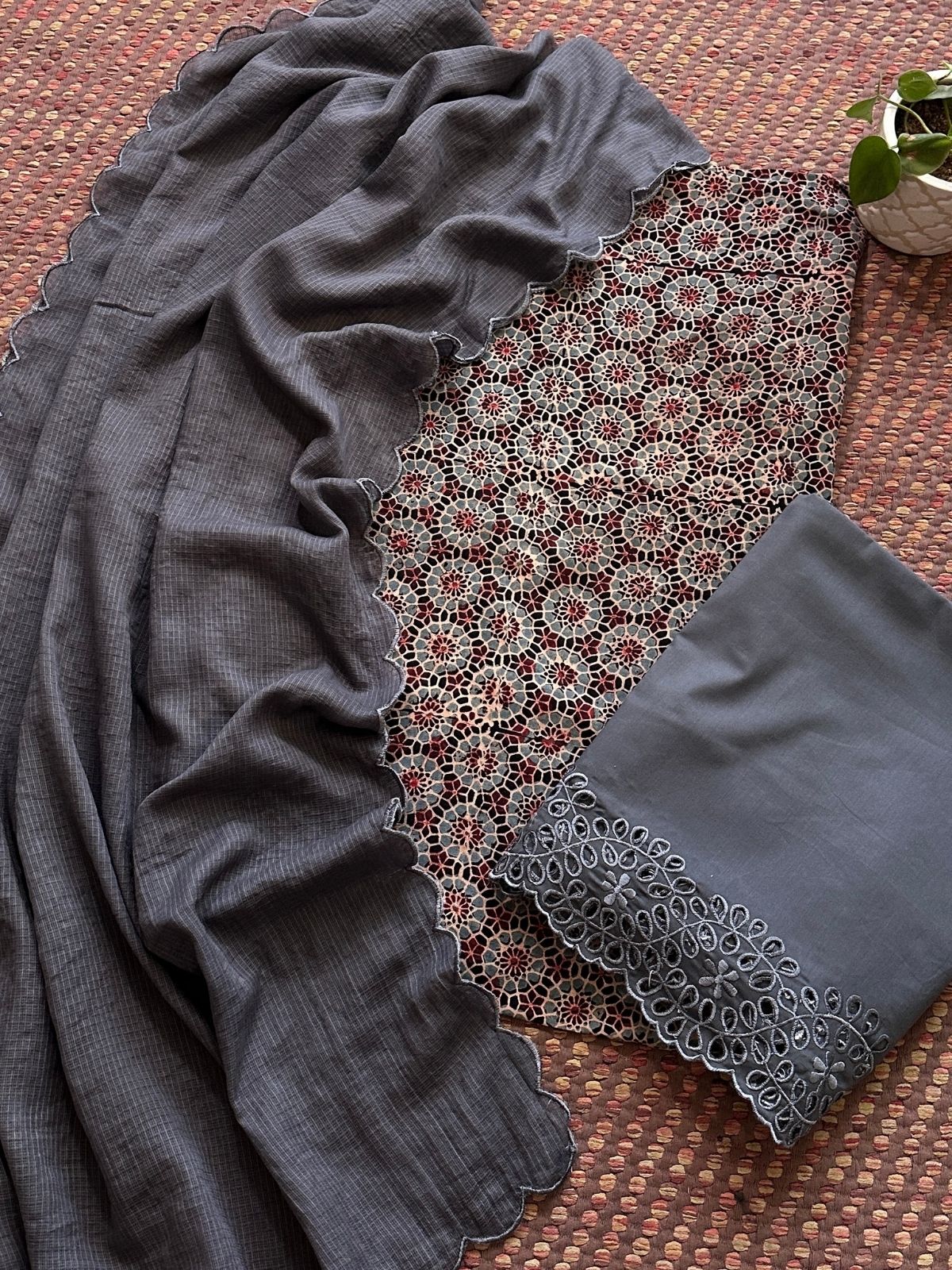 Pure Cotton Malmal  AjFabric with Exclusive Cutwork Bottom & Kota Doria Dupatta