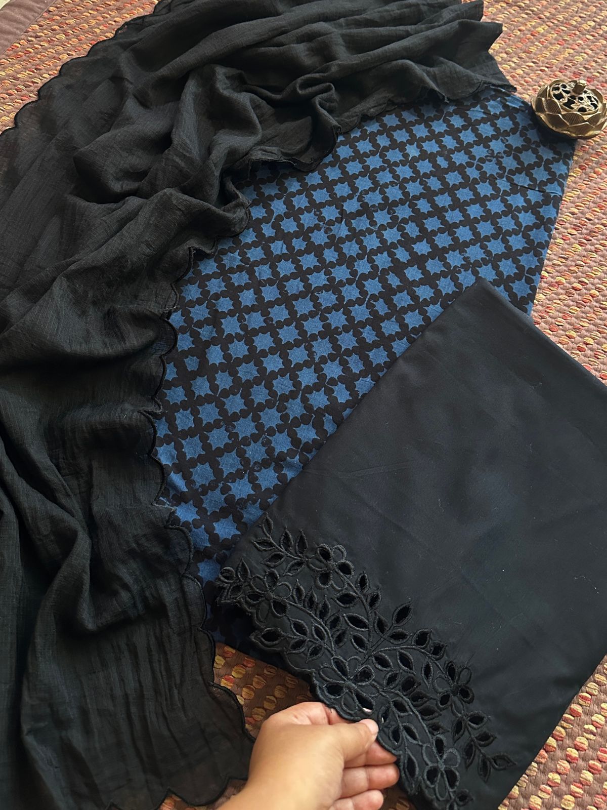 Pure Cotton Malmal Ajrak Fabric withCutwork Bottom & Kota Dupatta