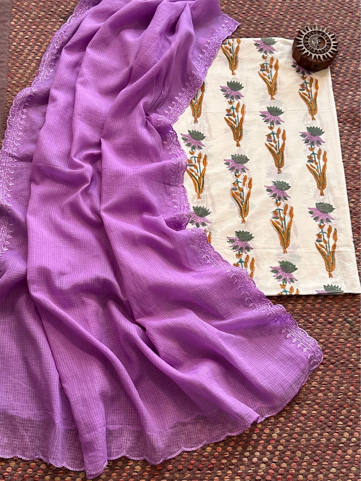 Pure Cotton Malmal Handblock Fabric with Embroidered Kota Dupatta