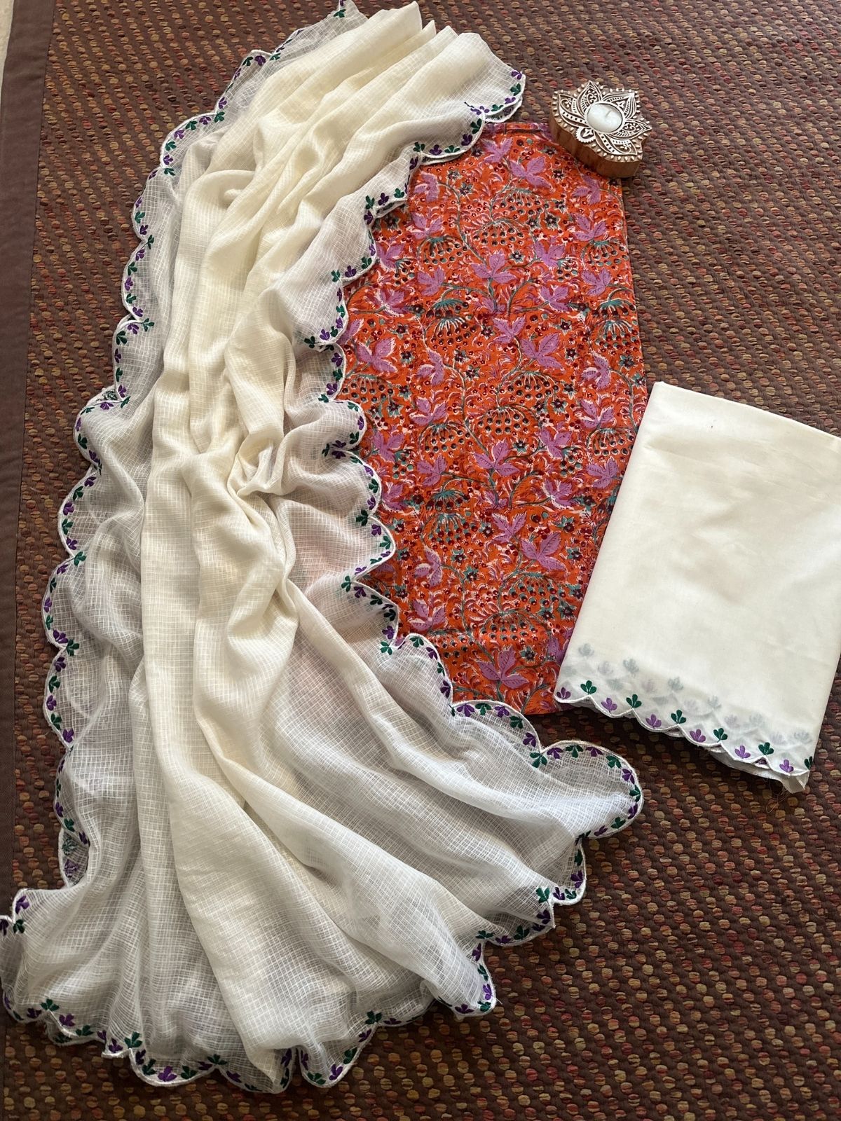 Pure Cotton Hand-block Fabric with Embroidered Bottom & Kota Doria Dupatta