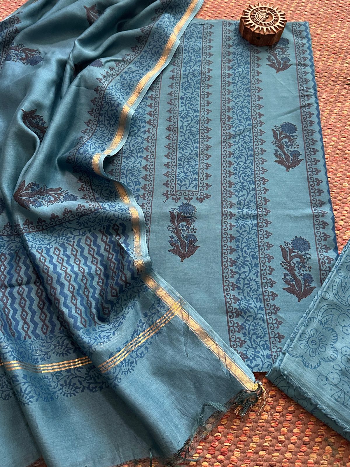 Hand-blocked Maheswari Unstitched Set