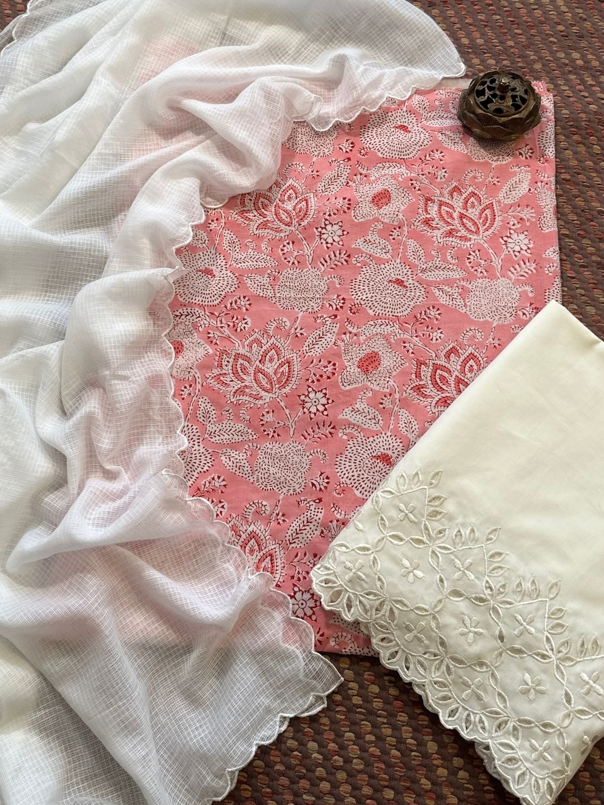 Pure Cotton Hand-blocked Fabric with Cutwork Bottom & Kota Doria Dupatta