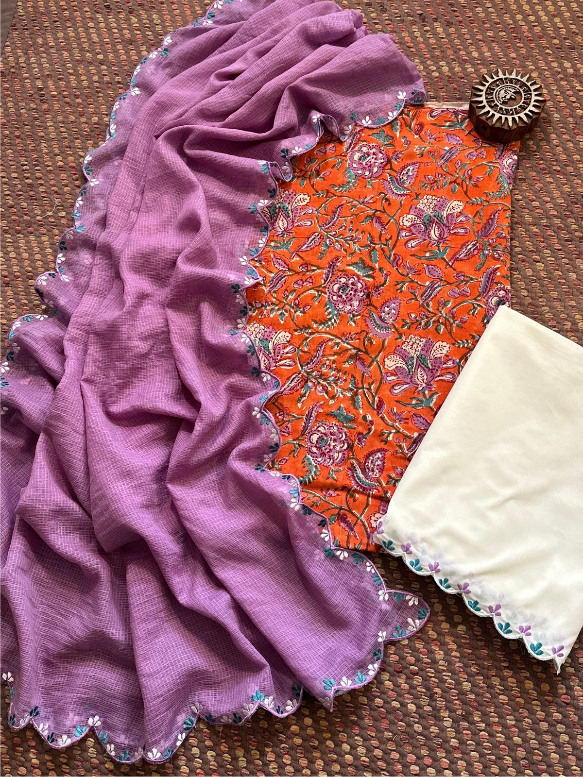 Pure Cotton Hand-block Fabric with Embroidered Bottom & Kota Doria Dupatta