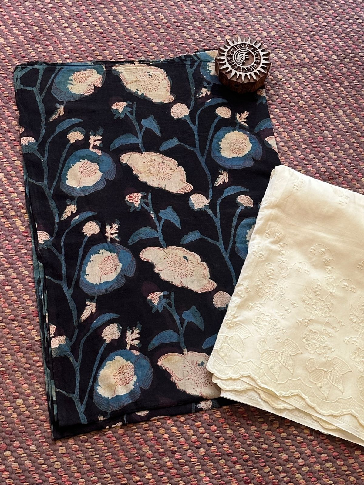 Pure Cotton Mul Fabric in natural dyes with & Embroidered Bottom