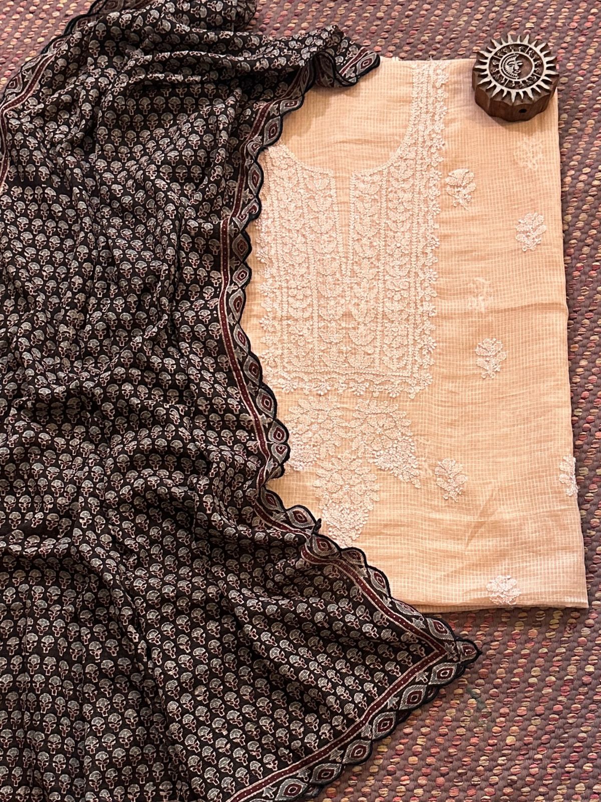 Chikankari Hand Embroidered Fabric with Ajrak Hadblocked Kota Dupatta