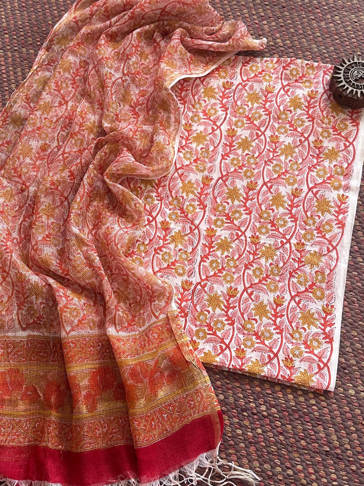 Pure cotton hand-blocked fabric with kota doria embroidered dupatta