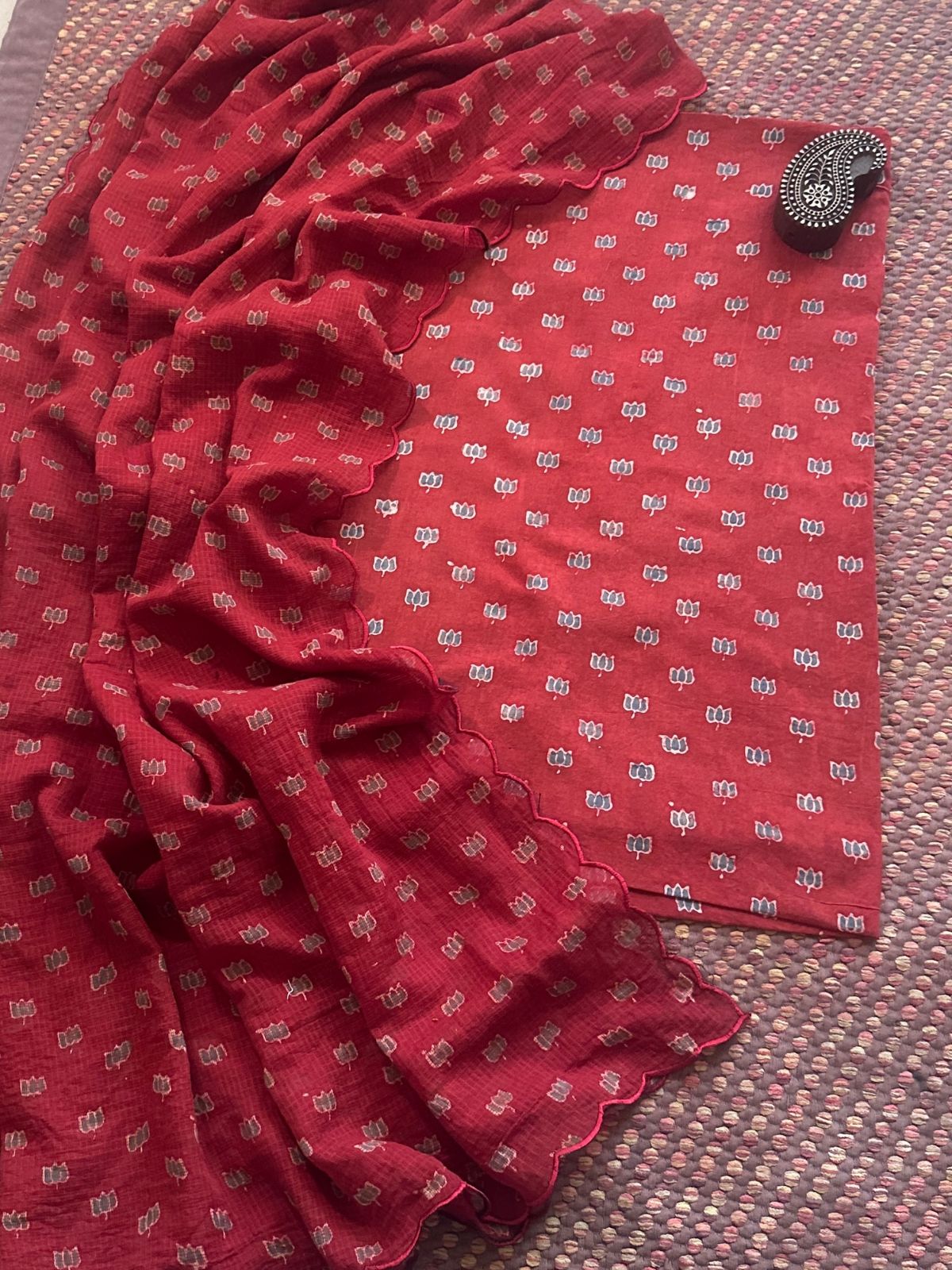 Ajrakh Cotton Malmal Handblocked Set- Top & Dupatta