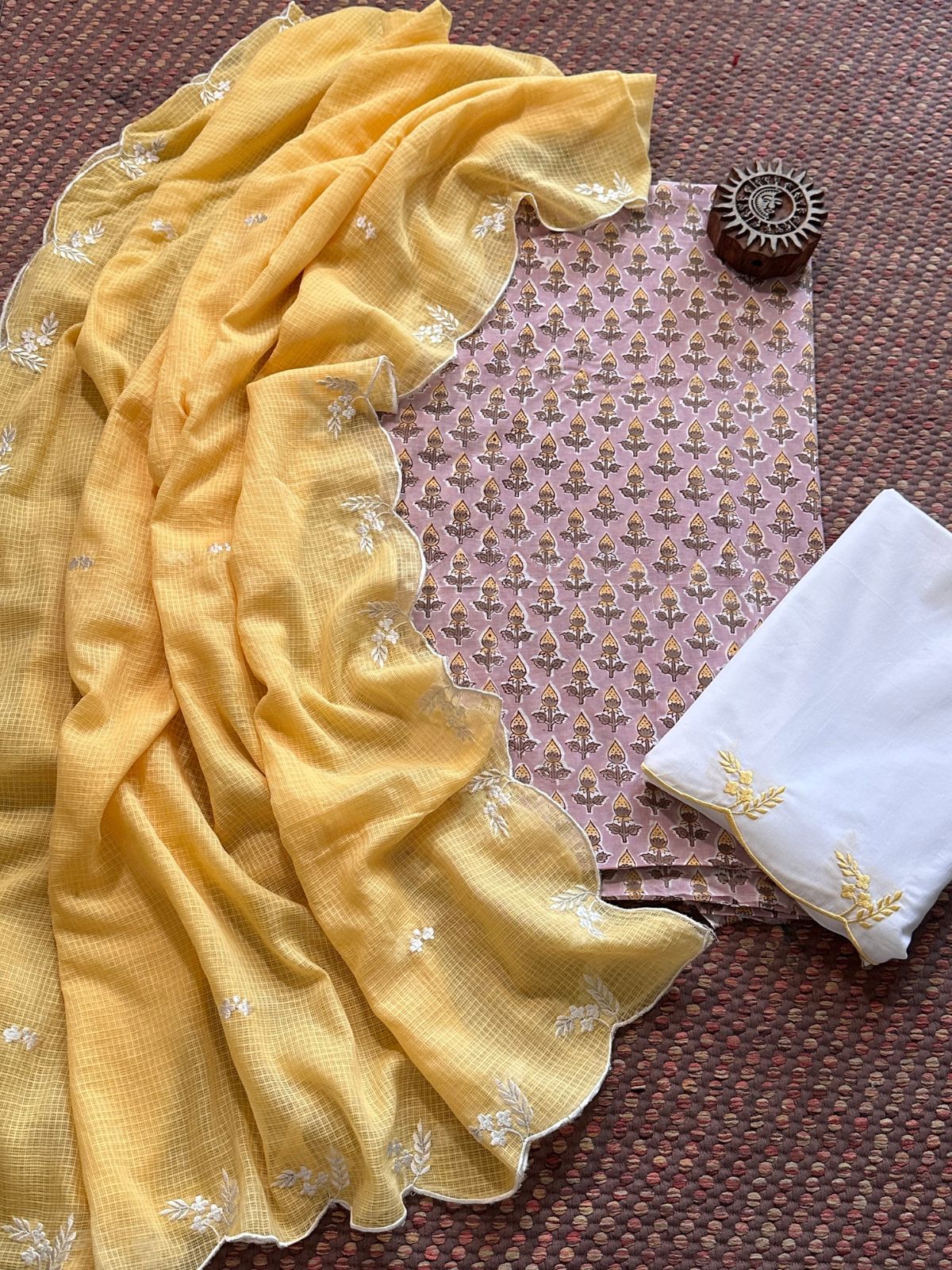 Pure Cotton Hand-block Fabric with Embroidered Bottom & Kota Doria Dupatta