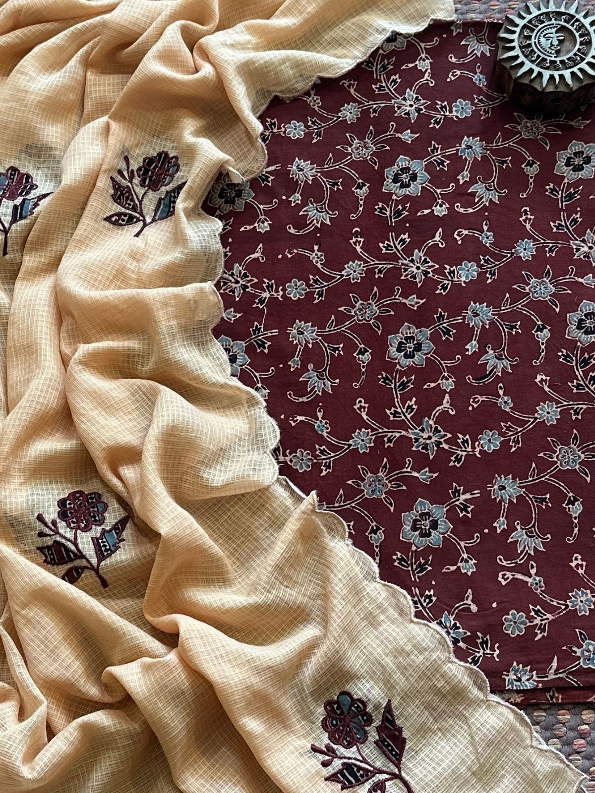 Ajrakh Cotton Malmal Unstitched Fabric with Applique Kota Dupatta
