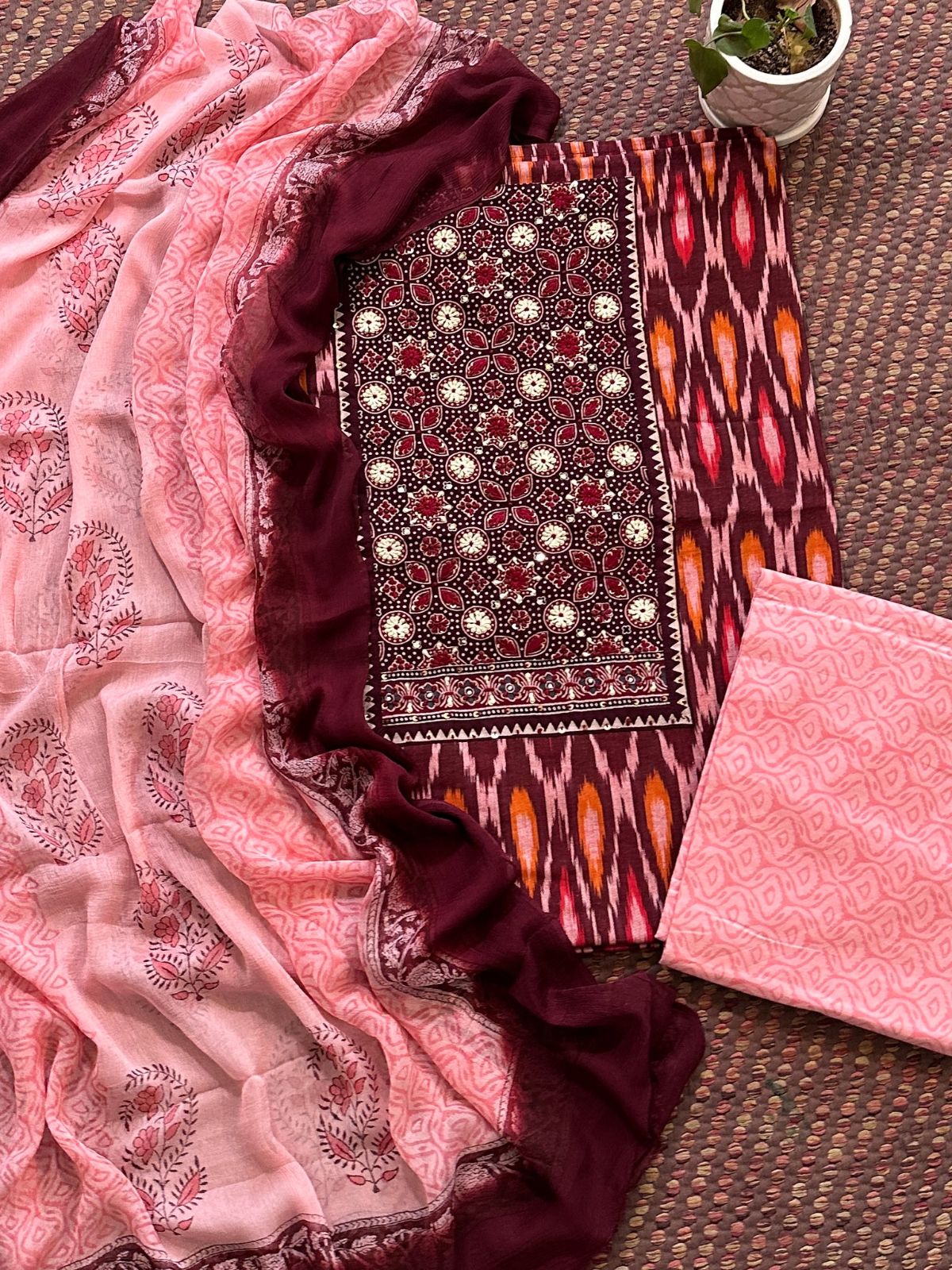 Pure Cotton Handblocked Unstitched Set with Chiffon Dupatta