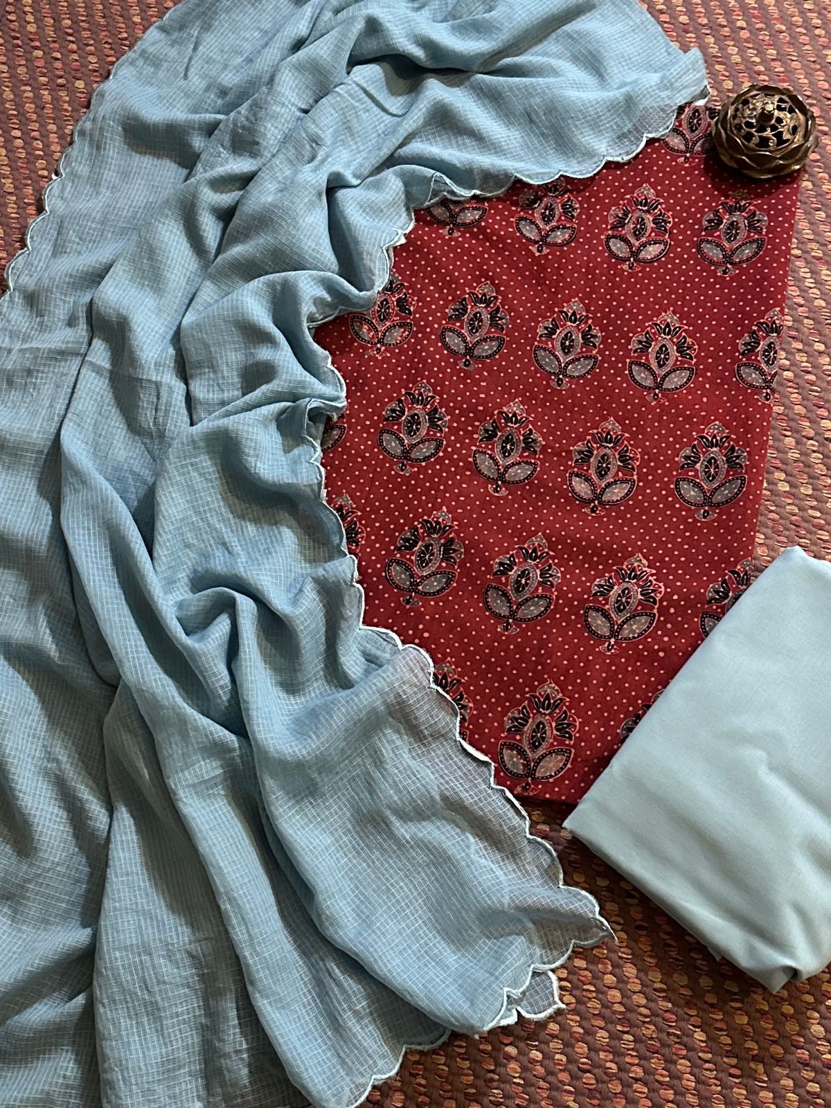 Pure Cotton Malmal Handblocked Ajrak Fabric Set