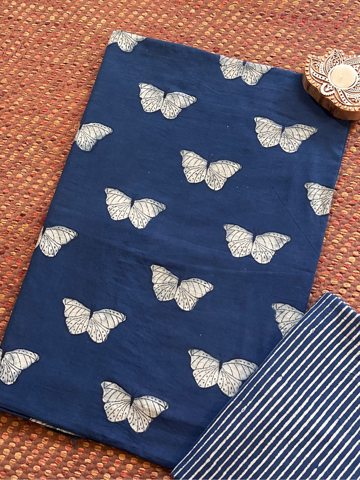 Pure Cotton Indigo Handblocked Fabric Unstitched Set- Top & Bottom