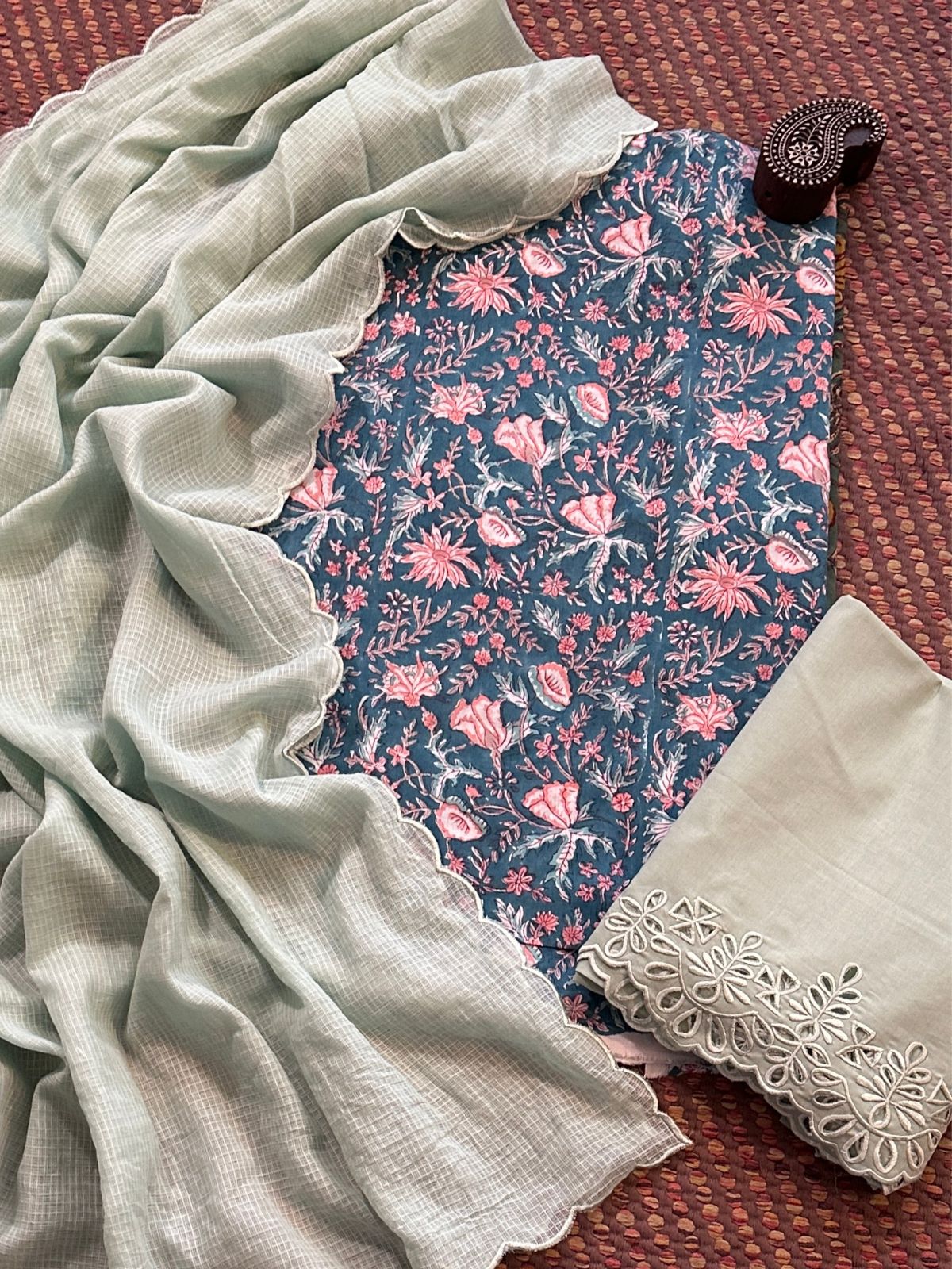 Pure Cotton Hand-blocked Fabric with Cutwork Bottom & Kota Doria Dupatta