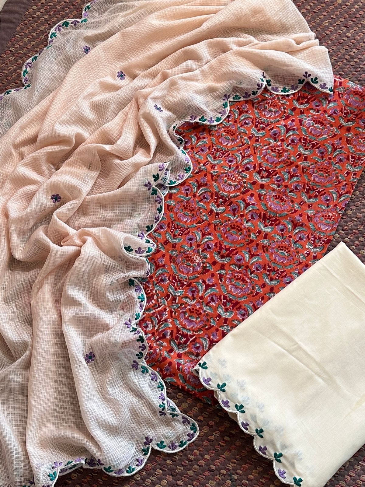 Pure Cotton Malmal Hand blocked Set with Embroidered Dupatta