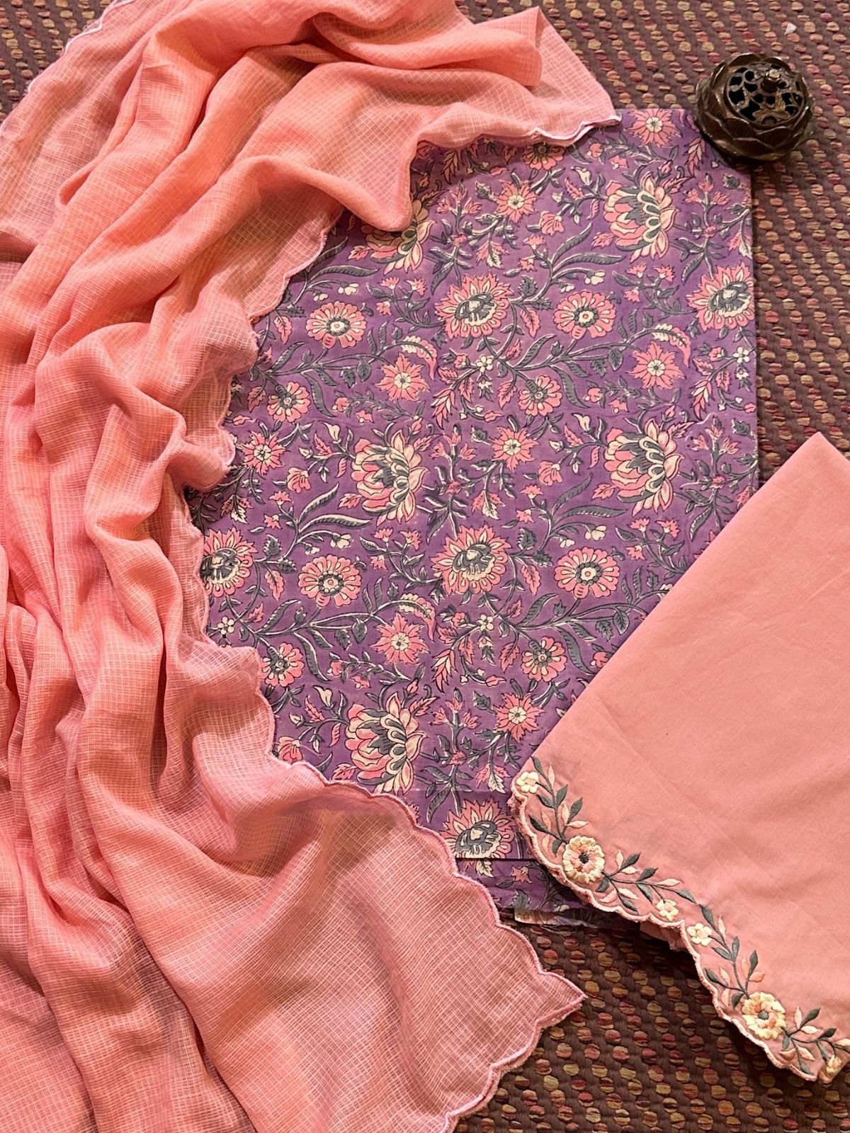 Pure Cotton Malmal Handblocked Unstitched Set