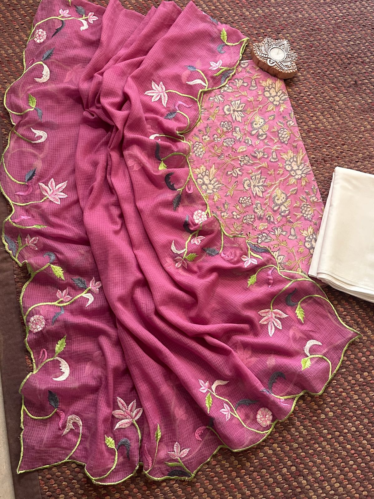 Pure Cotton Hand-blocked Fabric with Embroidered Dupatta