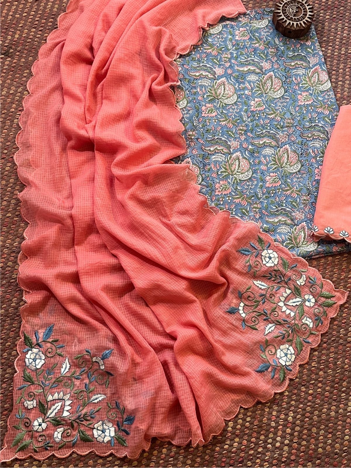 Pure Cotton Hand-block Fabric with Embroidered Bottom & Kota Doria Dupatta