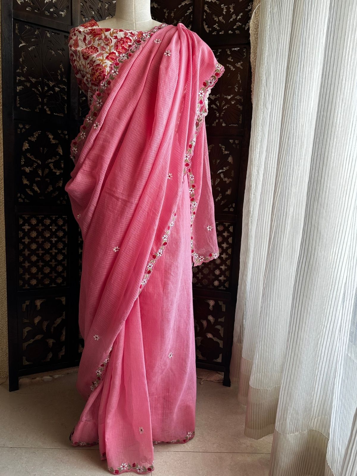 Kota Doria Embroidered Saree with Hand Block Blouse fabric