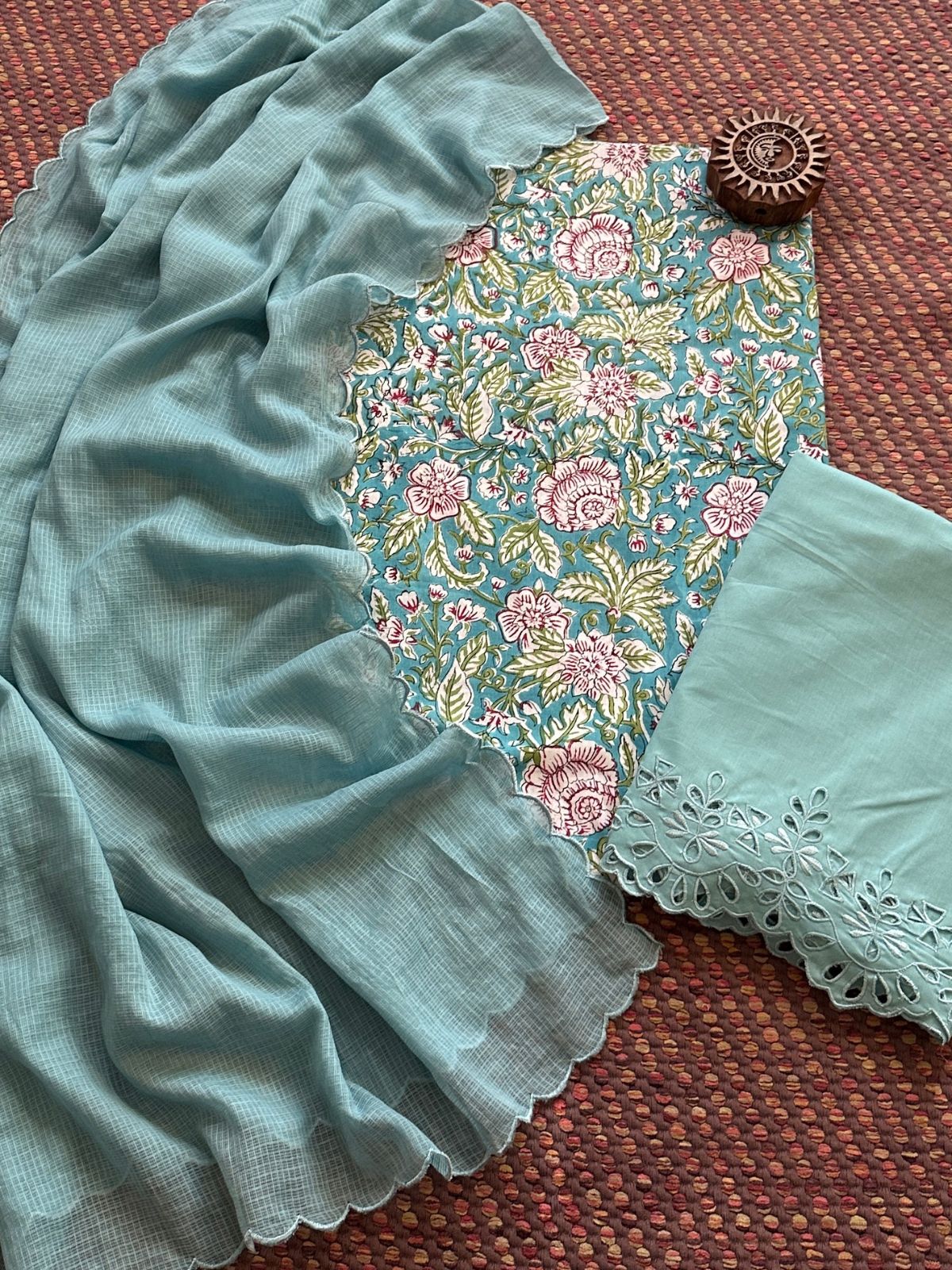 Pure Cotton Hand-blocked Fabric with Cutwork Bottom & Kota Doria Dupatta
