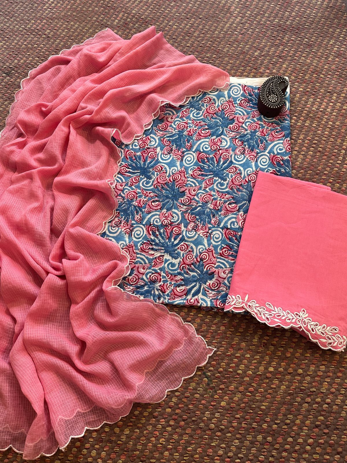 Pure Cotton Hand-blocked Fabric with Cutwork Bottom & Kota Doria Dupatta