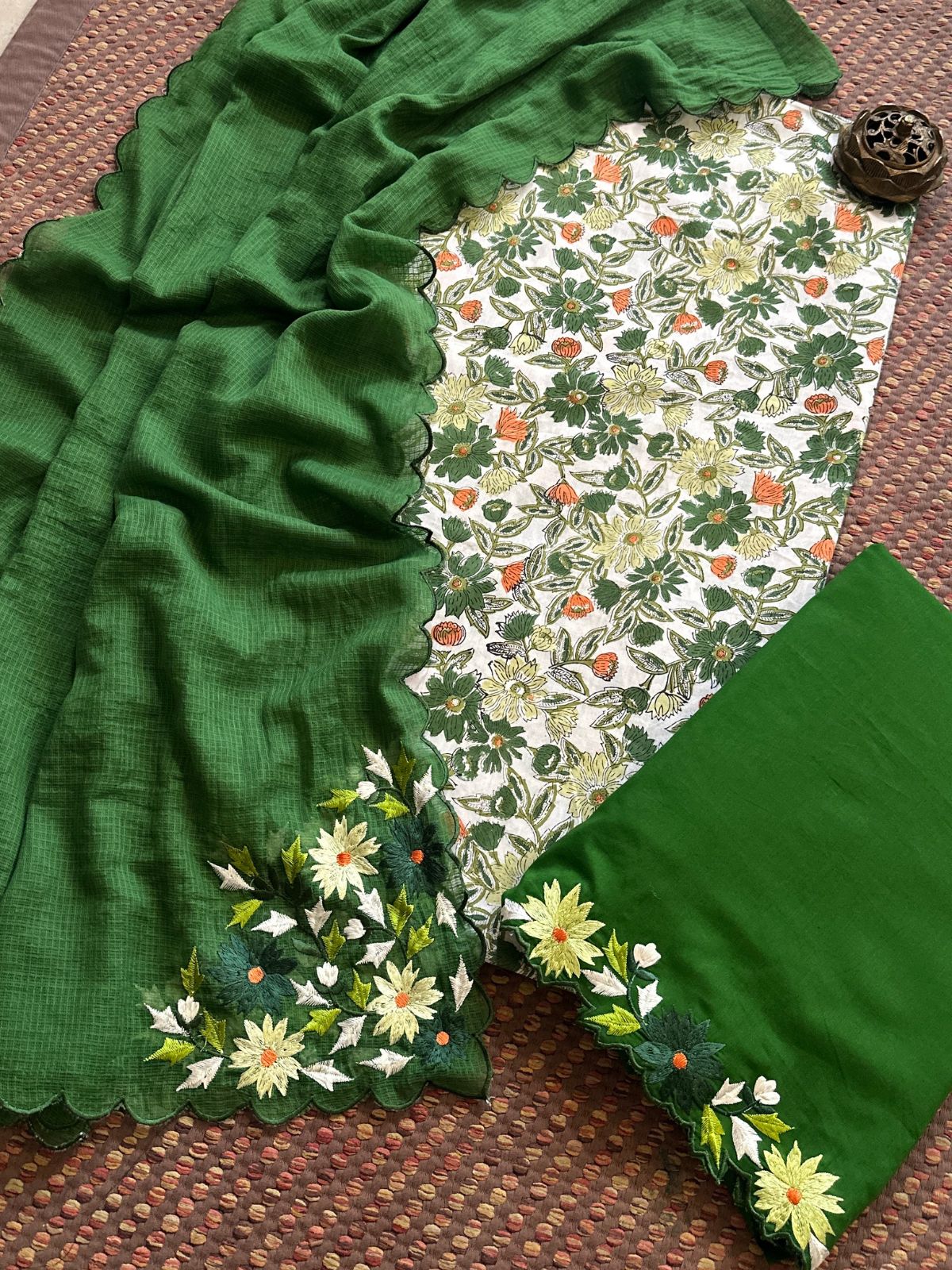 Pure Cotton Handblocked Fabric with Embroidered Dupatta & Bottom