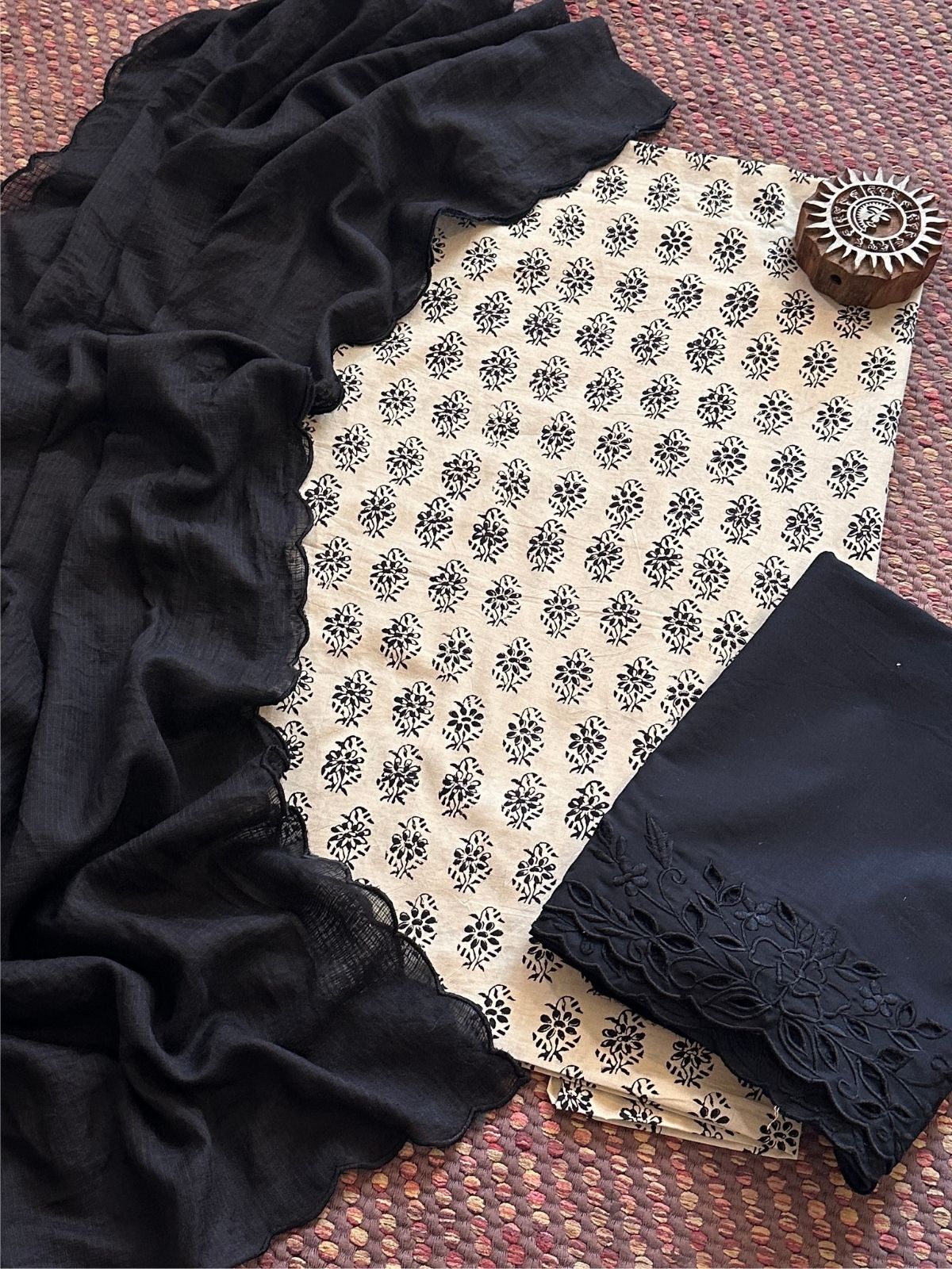 Pure Cotton Hand-blocked Fabric with Cutwork Bottom & Kota Doria Dupatta