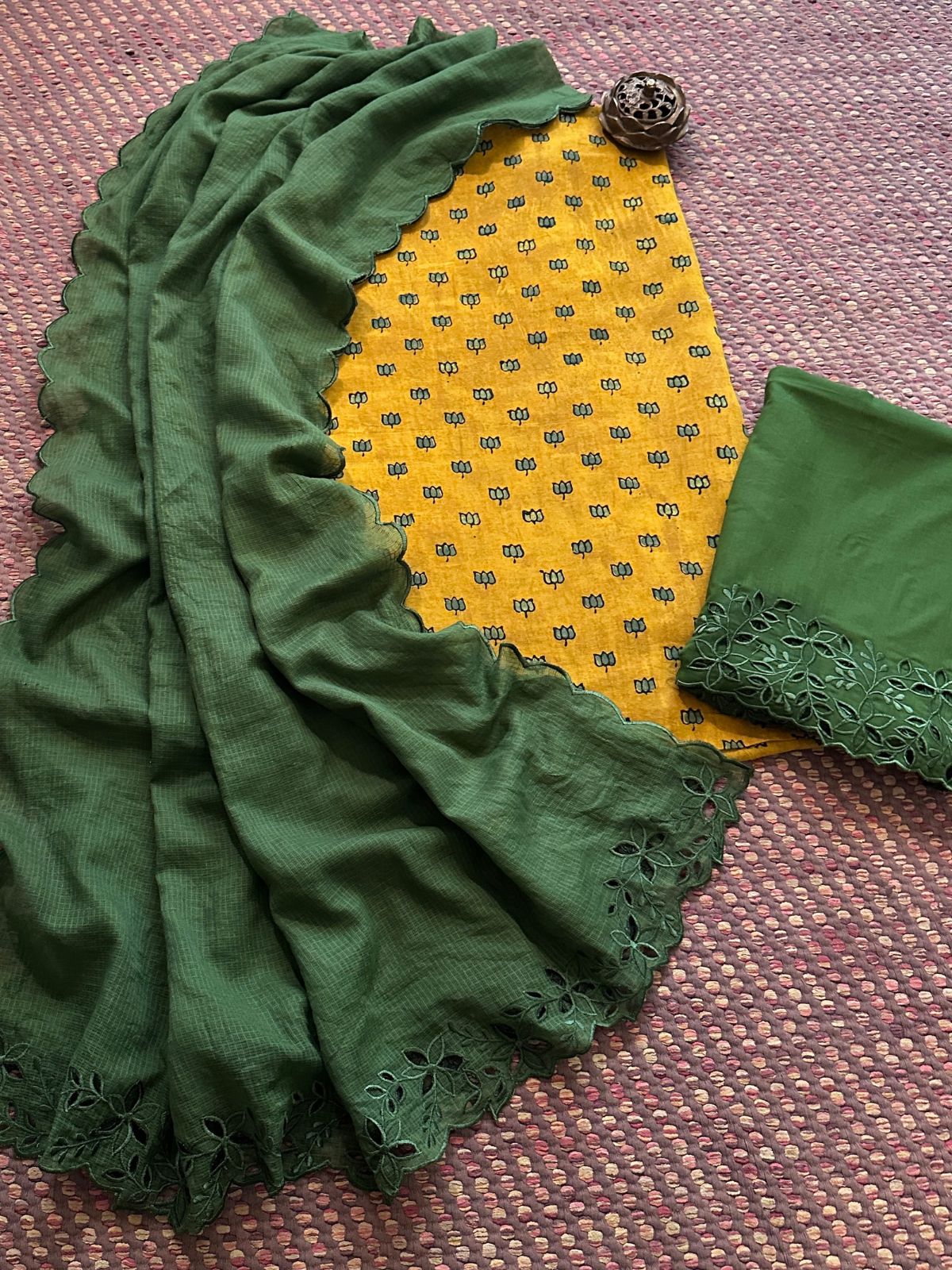 Pure Cotton Malmal  Hand-blocked Ajrak Fabric with Cutwork Bottom & Kota Doria Dupatta